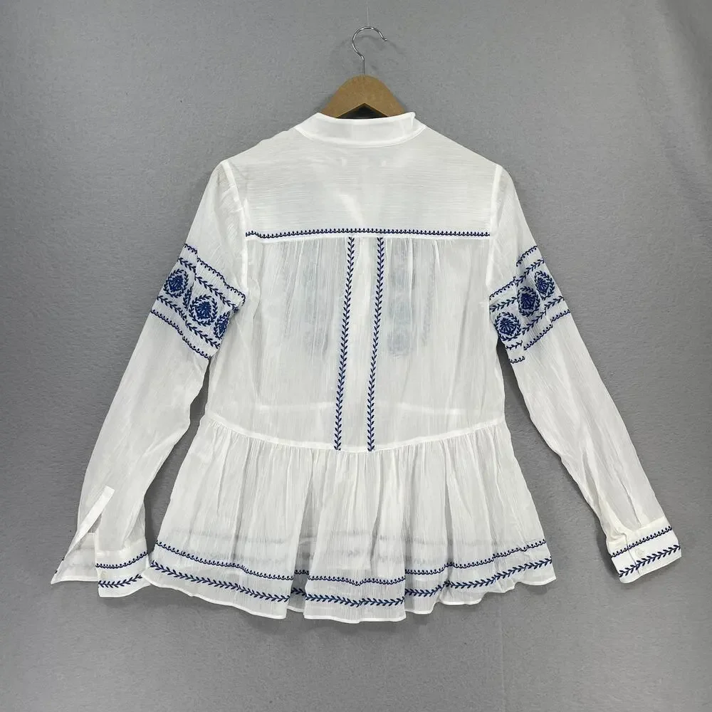 Derek Lam 10 Crosby Blouse Sz 4 White Blue Ailani Embroidered Sheer Coastal Chic - Picture 9 of 9